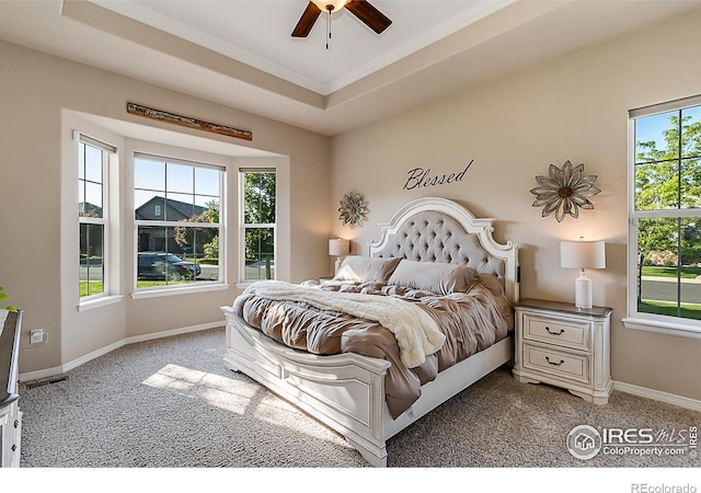 2050 Vineyard Dr, Windsor, CO 80550 - carpeted bedroom featuring ornamental molding and a ceiling fan