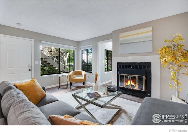 4763 White Rock Cir Unit A, Boulder, CO 80301 - living room with wood finished floors, a fireplace with flush hearth, and a textured ceiling