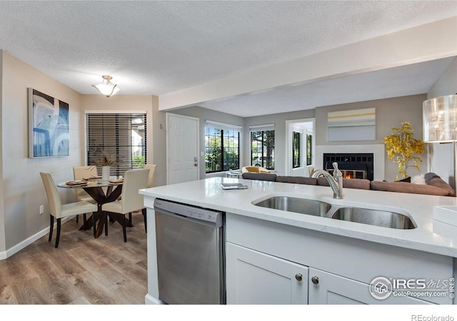 4763 White Rock Cir Unit A, Boulder, CO 80301 - kitchen with dishwasher, a textured ceiling, open floor plan, light wood-style flooring, and a glass covered fireplace