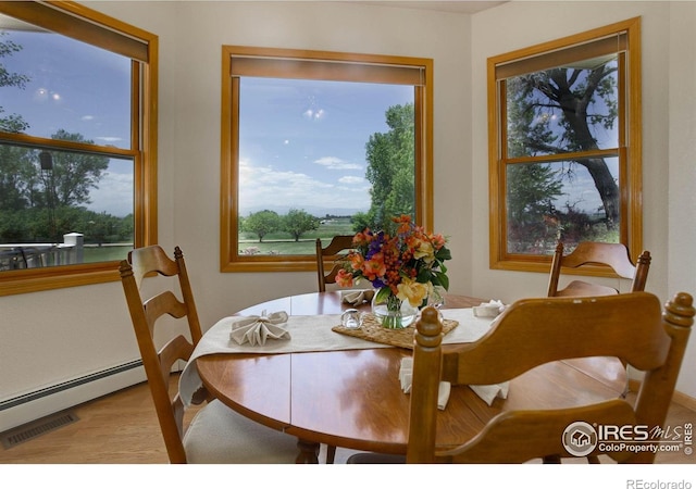 8943 Gander Valley Ln, Windsor, CO 80550 - dining space with a baseboard radiator, healthy amount of natural light, and wood finished floors