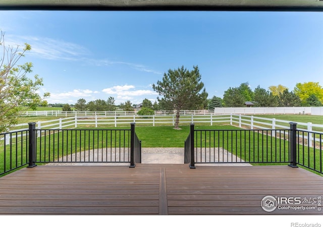 5217 Dry Creek Rd, Evans, CO 80634 - wooden terrace featuring a view of countryside and a fenced backyard