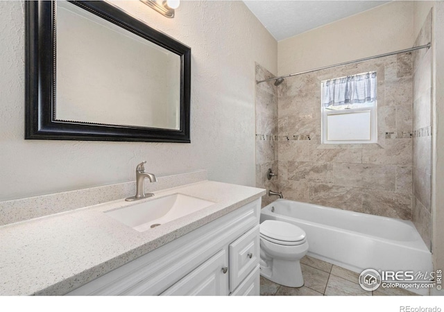 556 Lincoln Ave, Nunn, CO 80648 - full bathroom featuring vanity, shower / bathtub combination, tile patterned floors, and a textured wall
