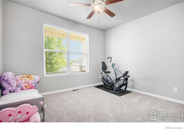 973 Mt Andrew Dr, Severance, CO 80550 - exercise room featuring carpet flooring and ceiling fan