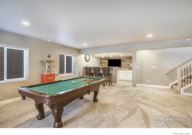 973 Mt Andrew Dr, Severance, CO 80550 - recreation room featuring carpet, billiards table, a dry bar, and recessed lighting