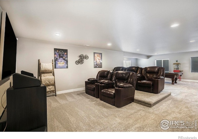 973 Mt Andrew Dr, Severance, CO 80550 - cinema room featuring light colored carpet, recessed lighting, and billiards
