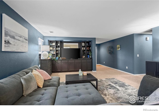 858 Turpin Way, Erie, CO 80516 - living room with carpet floors, a textured wall, and built in features