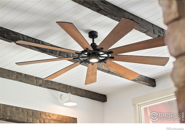 9260 Meadow Farms Dr, Milliken, CO 80543 - detailed view of a wooden ceiling with exposed beams and a ceiling fan