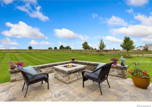 9260 Meadow Farms Dr, Milliken, CO 80543 - fenced backyard with a fire pit, a view of rural / pastoral area, and a patio