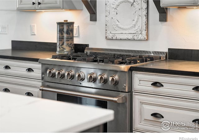 9260 Meadow Farms Dr, Milliken, CO 80543 - kitchen with high end range and dark countertops