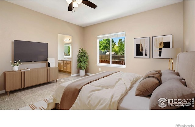 3664 Claycomb Ln, Johnstown, CO 80534 - bedroom with light carpet, ensuite bath, and a ceiling fan