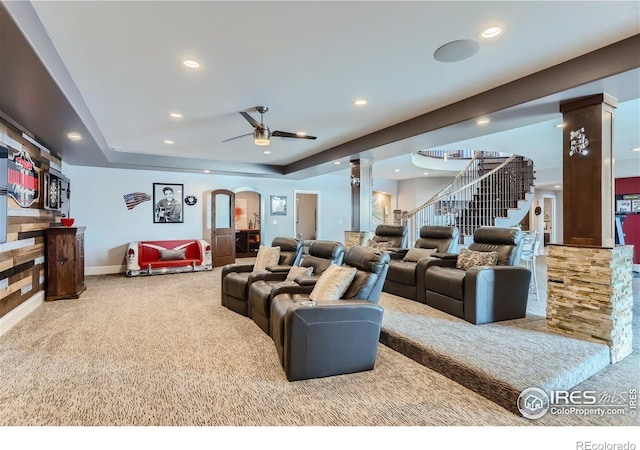 5763 Pelican Shores Dr, Longmont, CO 80504 - home theater featuring carpet, decorative columns, recessed lighting, a ceiling fan, and a raised ceiling