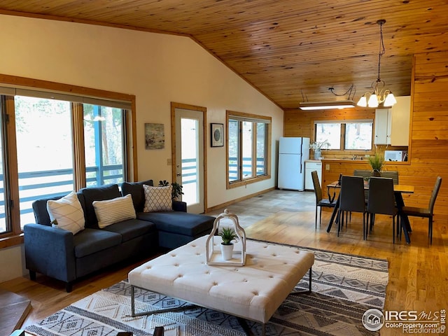33 N Skinner Rd, Allenspark, CO 80510 - living room with vaulted ceiling, a chandelier, healthy amount of natural light, wooden ceiling, and light wood finished floors