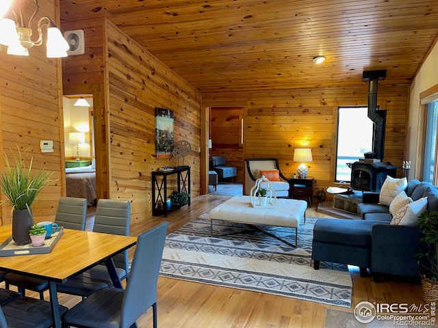 33 N Skinner Rd, Allenspark, CO 80510 - living area featuring wood walls, a wood stove, a chandelier, wood finished floors, and wood ceiling
