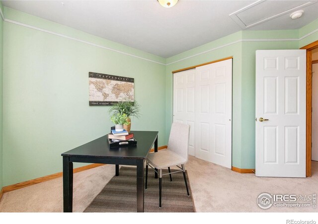 1204 Boulder Ct, Windsor, CO 80550 - carpeted office featuring baseboards and attic access