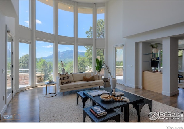 3747 Mountain Laurel Pl, Boulder, CO 80304 - living area featuring wood finished floors, a high ceiling, and a mountain view