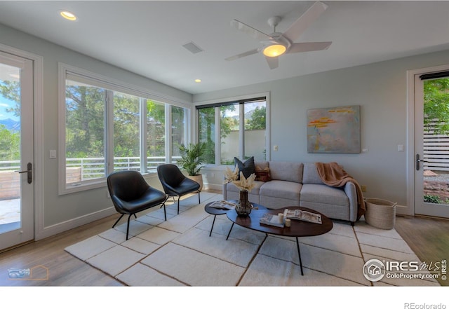 3747 Mountain Laurel Pl, Boulder, CO 80304 - living room featuring wood finished floors, recessed lighting, and ceiling fan