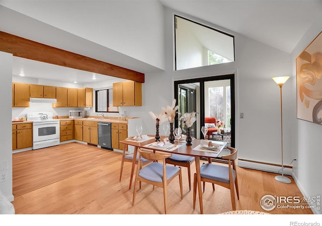 3880 Telluride Pl, Boulder, CO 80305 - dining area with baseboard heating, light wood-type flooring, healthy amount of natural light, high vaulted ceiling, and recessed lighting
