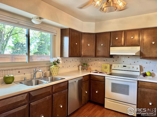 11198 W 59th Pl, Arvada, CO 80004 - kitchen with under cabinet range hood, white electric range oven, dishwasher, light countertops, and tasteful backsplash