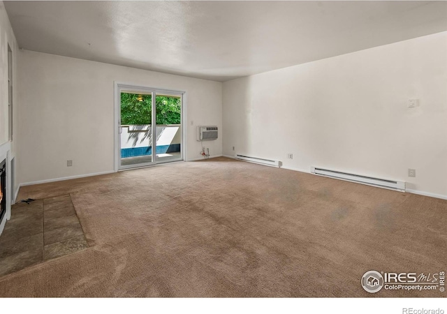 3465 Lochwood Dr Unit 91, Fort Collins, CO 80525 - unfurnished living room with baseboard heating, carpet floors, a glass covered fireplace, and an AC wall unit