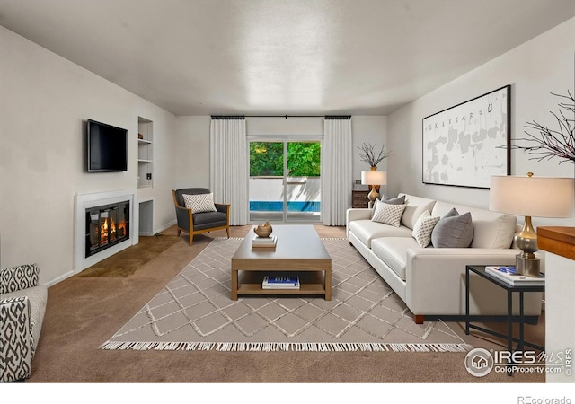 3465 Lochwood Dr Unit 91, Fort Collins, CO 80525 - carpeted living room featuring a glass covered fireplace and built in features