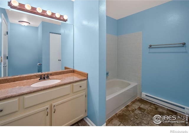 3465 Lochwood Dr Unit 91, Fort Collins, CO 80525 - bathroom with baseboard heating, vanity, and stone finish flooring