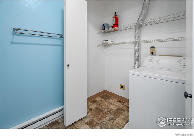 3465 Lochwood Dr Unit 91, Fort Collins, CO 80525 - washroom with washer / dryer, stone finish flooring, and a baseboard radiator