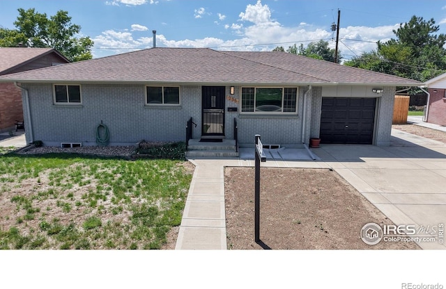 235 N 12th Ave, Brighton, CO 80601 - ranch-style house with an attached garage, concrete driveway, brick siding, and roof with shingles