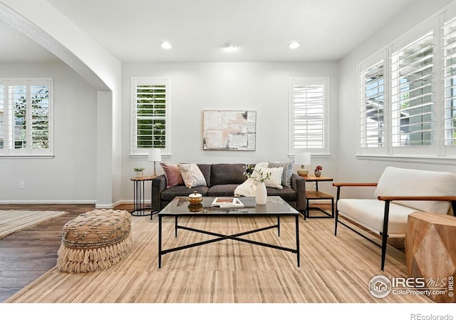 1662 Crestview Ln, Erie, CO 80516 - living room with healthy amount of natural light, wood finished floors, recessed lighting, and arched walkways