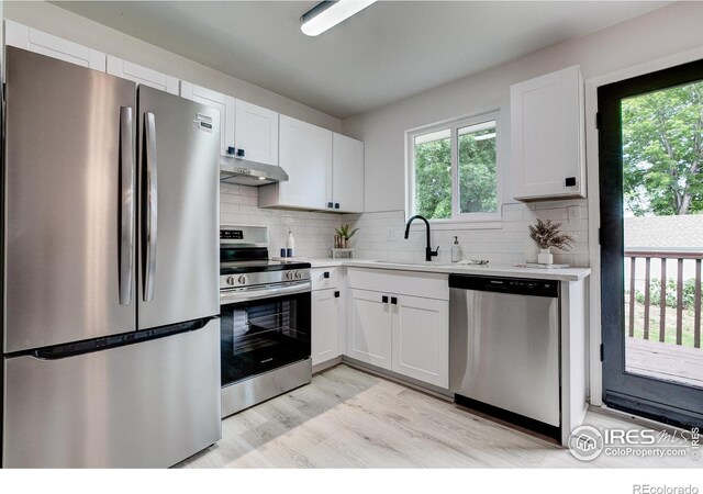 1206 Dawn Ave, Gilcrest, CO 80623 - kitchen featuring stainless steel appliances, under cabinet range hood, light countertops, and tasteful backsplash