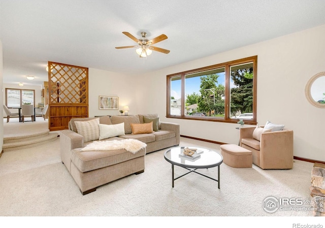 609 Endicott St, Fort Collins, CO 80524 - carpeted living area with ceiling fan and baseboards