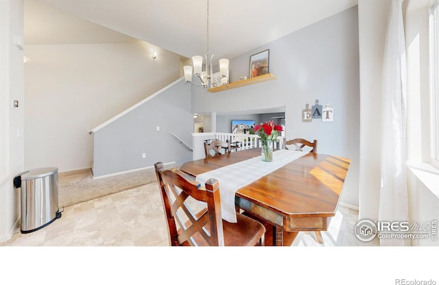 1661 Rise Dr, Windsor, CO 80550 - dining space featuring a chandelier, stairs, and carpet