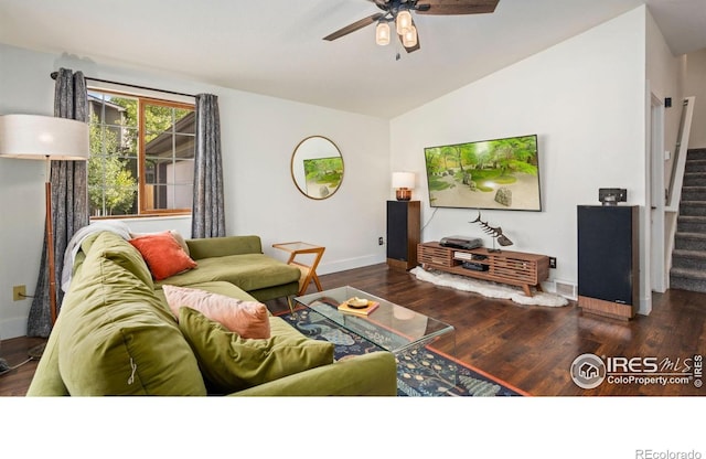 1922 Enfield Ct, Fort Collins, CO 80526 - living area featuring lofted ceiling, stairway, a ceiling fan, and wood finished floors