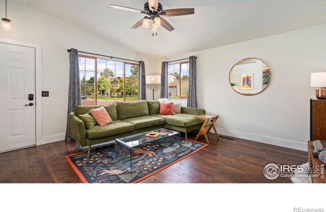 1922 Enfield Ct, Fort Collins, CO 80526 - living room featuring lofted ceiling, ceiling fan, and wood finished floors