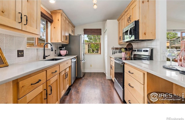 1922 Enfield Ct, Fort Collins, CO 80526 - kitchen featuring appliances with stainless steel finishes, light brown cabinetry, vaulted ceiling, dark wood-style flooring, and backsplash