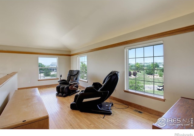 14448 Hanover St, Brighton, CO 80602 - living area featuring plenty of natural light, lofted ceiling, and hardwood / wood-style flooring
