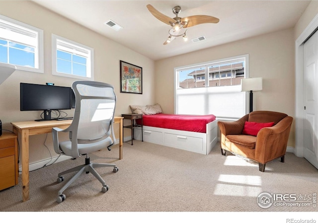 1043 Terrace Cir S, Boulder, CO 80304 - bedroom featuring multiple windows, carpet, an office area, and a ceiling fan