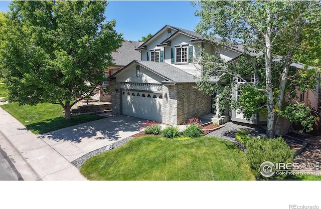 13673 Cook St, Thornton, CO 80602 - traditional-style home featuring brick siding, driveway, a front yard, an attached garage, and roof with shingles