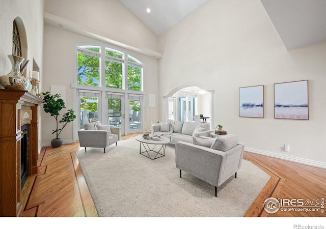 5753 Secrest Ct, Golden, CO 80403 - living area featuring high vaulted ceiling, a fireplace, arched walkways, and light wood-type flooring