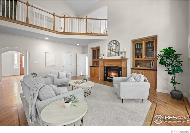 5753 Secrest Ct, Golden, CO 80403 - living area featuring arched walkways, light wood-style flooring, a glass covered fireplace, and high vaulted ceiling