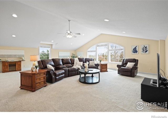 5753 Secrest Ct, Golden, CO 80403 - living area with carpet flooring, vaulted ceiling, ceiling fan, and recessed lighting