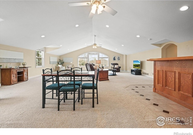 5753 Secrest Ct, Golden, CO 80403 - carpeted dining room with ceiling fan, recessed lighting, plenty of natural light, and lofted ceiling