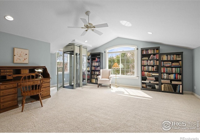 5753 Secrest Ct, Golden, CO 80403 - sitting room featuring vaulted ceiling, carpet, a ceiling fan, and recessed lighting