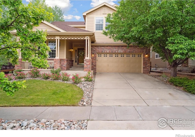 13266 Teller Lake Way, Broomfield, CO 80020 - view of front of property with brick siding, concrete driveway, an attached garage, a porch, and a front yard