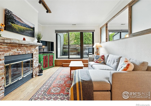 854 Walnut St Unit B, Boulder, CO 80302 - living area featuring ornamental molding, wood finished floors, and a stone fireplace