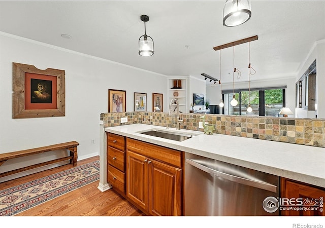 854 Walnut St Unit B, Boulder, CO 80302 - kitchen featuring stainless steel dishwasher, brown cabinets, light wood-type flooring, light countertops, and backsplash