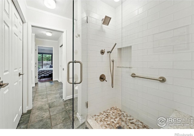 854 Walnut St Unit B, Boulder, CO 80302 - full bathroom featuring ornamental molding, a stall shower, and ensuite bath