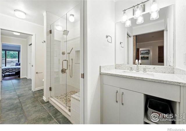854 Walnut St Unit B, Boulder, CO 80302 - ensuite bathroom featuring crown molding, a shower stall, and vanity