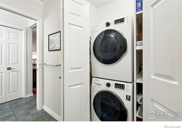 854 Walnut St Unit B, Boulder, CO 80302 - laundry room with estacked washer and dryer and crown molding