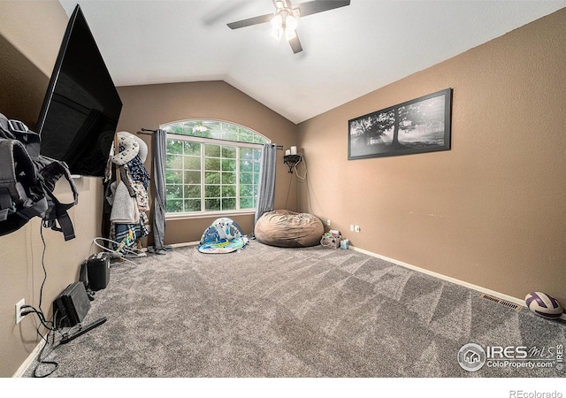 9673 Roadrunner Ave, Firestone, CO 80504 - exercise room with carpet floors, ceiling fan, and vaulted ceiling