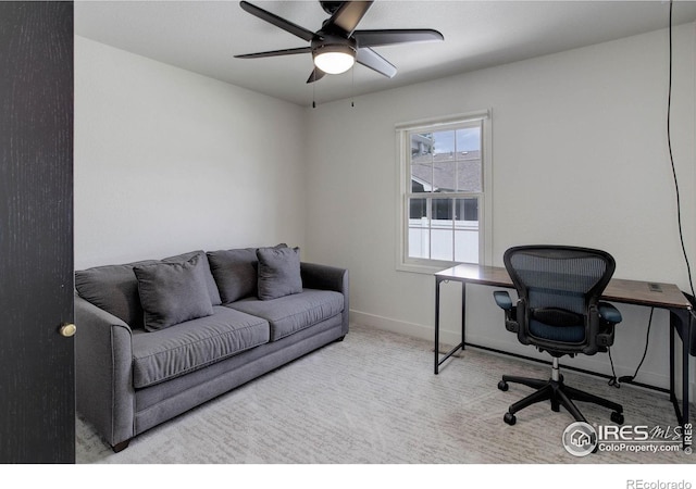 1250 Honeysuckle Ct, Windsor, CO 80550 - office area featuring a ceiling fan and carpet floors